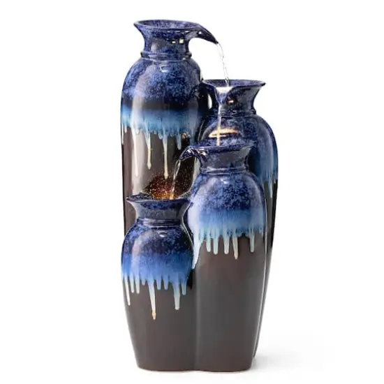 Glitzhome&reg; 30.75" 4-Tier LED Reactive Glaze Ceramic Vase Outdoor Floor Fountain Cobalt Blue and Brown {1}