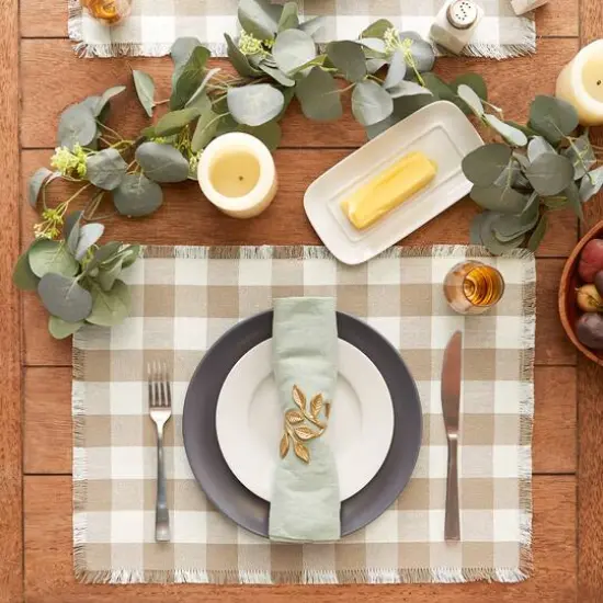 DII&reg; Heavyweight Check Fringed Cotton Placemats, 6ct. Stone Brown {6}