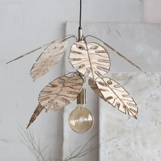 Hello Honey&reg; Antique Brass Finish & Natural Round Metal & Banana Fiber Leaf Hanging Pendant Lamp {3}