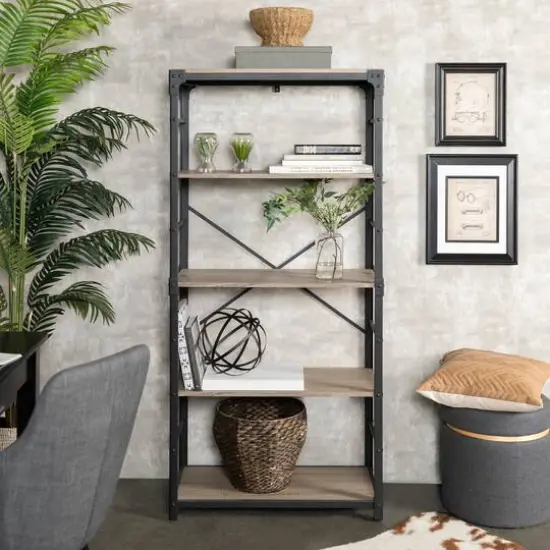 Walker Edison 64" Driftwood Angle Iron Industrial Bookcase {3}