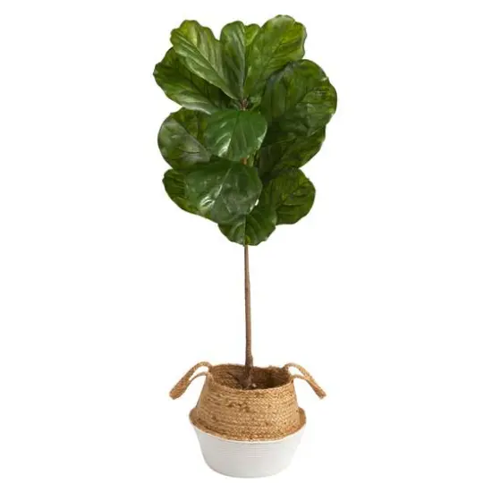 4ft. Fiddle Leaf Artificial Tree in Boho Chic Handmade Cotton & Jute White Woven Planter UV Resistant (Indoor/Outdoor) {3}