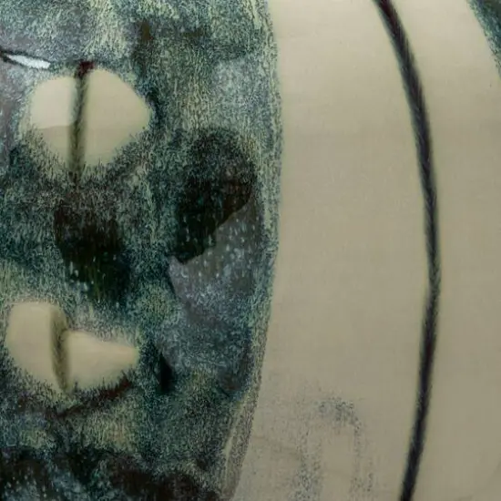 Hello Honey&reg; 9" Cream & Green Reactive Glaze Striped Round Hand-Painted Stoneware Vase {9}