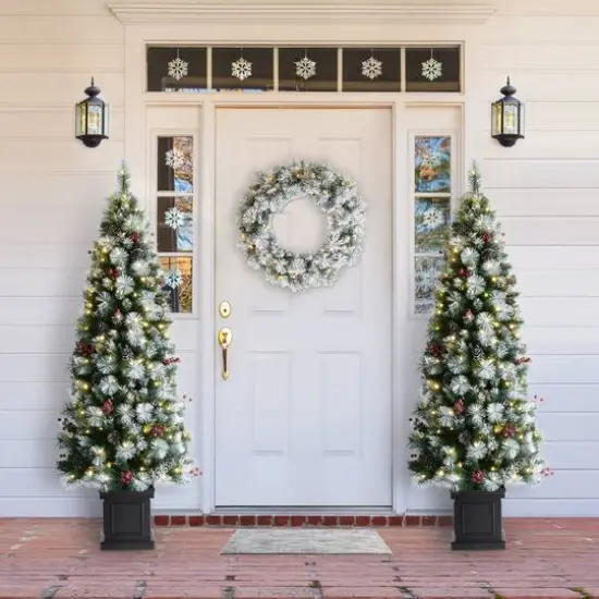 6ft. Pre-Lit Greenery Pinecones & Red Berries Artificial Christmas Porch Tree, Warm White LED Lights {5}
