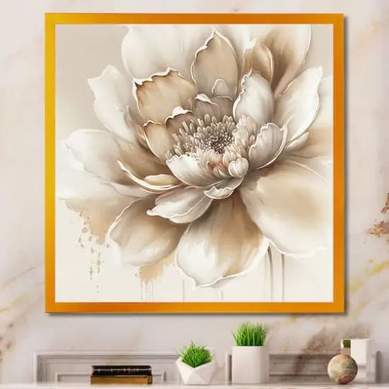 Designart 'Blooming Beige Floral Design III' Floral & Botanical Framed Canvas Wall Art Thick Gold {1}