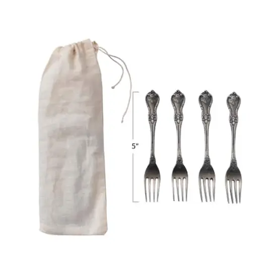 Hello Honey&reg; Antique Silver Embossed Brass Appetizer Forks in Drawstring Bag {3}