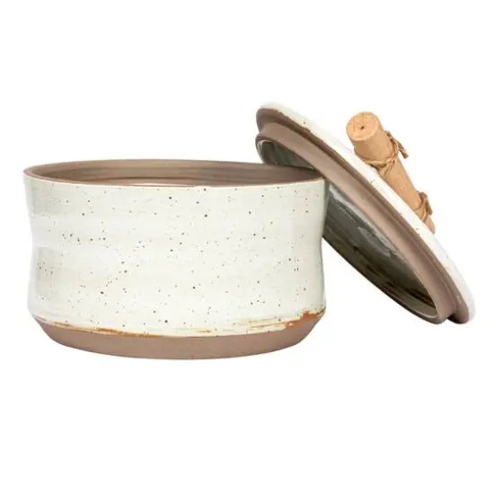 Hello Honey&reg; 6.75" Beige Reactive Glaze Stoneware Canister with Pine Wood & Jute Handle Lid {8}