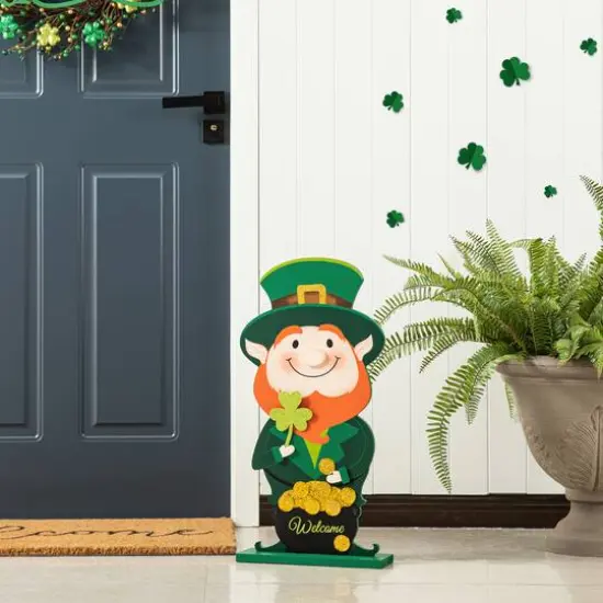 Glitzhome® 23.5" St. Patrick's Wooden Leprechaun Pot of Gold Porch Décor {4}