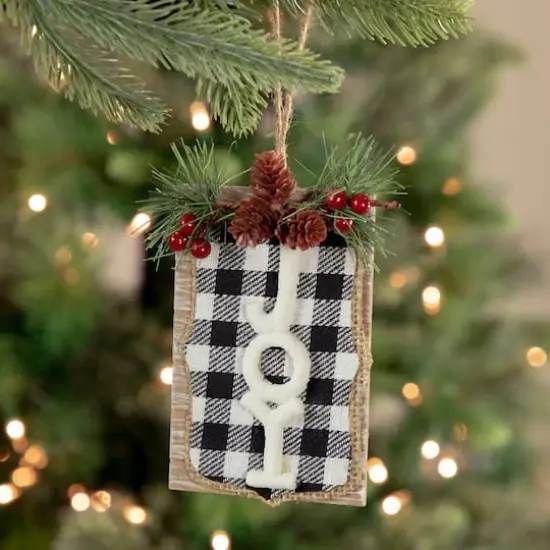 4.75" Black and White Buffalo Plaid Joy Pinecone Christmas Sign Ornament {3}