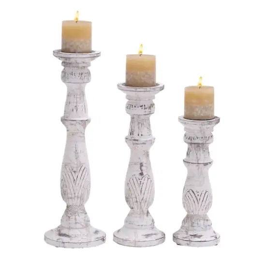 White Mango Wood Traditional Distressed Candle Holder Set {1}