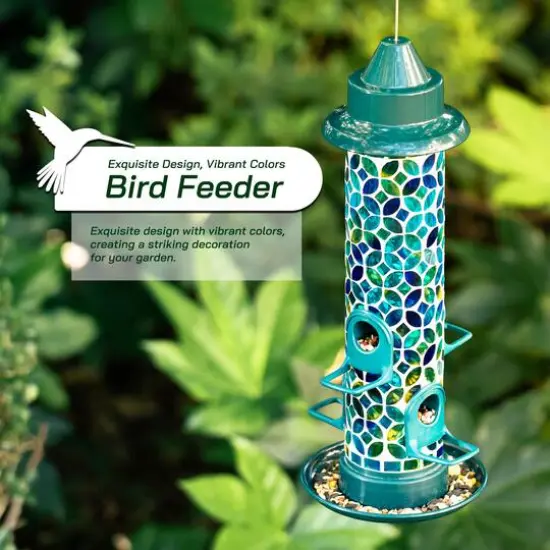 Glitzhome&reg; 20" Tall Blue & Green Mosaic Glass Hanging Bird Feeder {4}