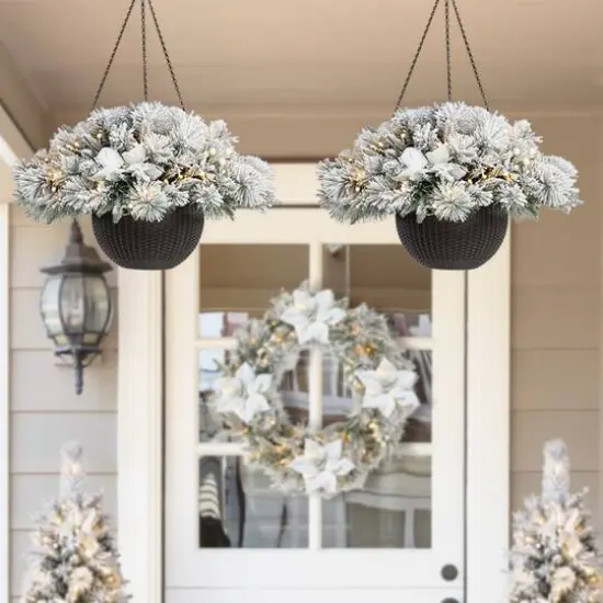 Glitzhome&reg; 24'' Pre-Lit Snow Flocked Christmas Artificial Pine Poinsettia Hanging Baskets, 2ct. {4}