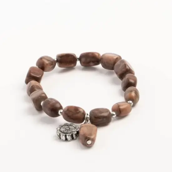 John Bead Jasper Brown Natural Stone Stretch Bracelet with Flower Charm {4}