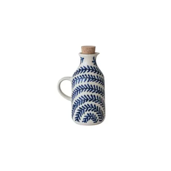 Hello Honey 8 oz. Hand-Painted Stoneware Oil Cruet with Design and Cork Stopper, Cream Color and Blue {3}