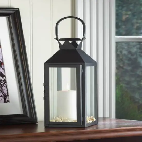 15" Sleek Black Metal Manhattan Candle Lantern with Handle {4}