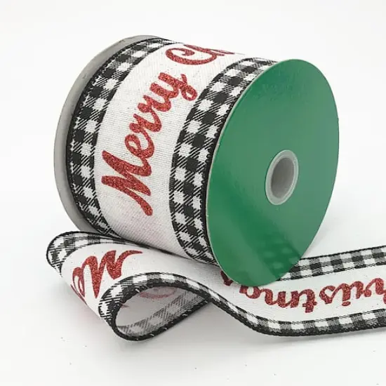 JAM Paper 2.5" x 10yd. Black & White Merry Christmas Glitter Gingham Wired Ribbon {1}