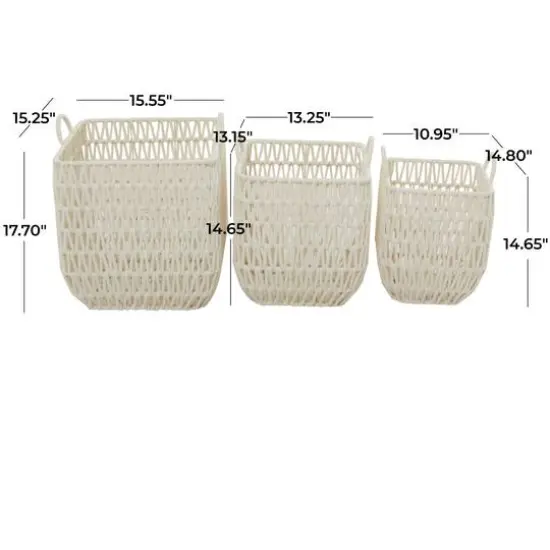 White Cotton Handmade Storage Basket with Handles Set of 3 18", 16", 15" {6}