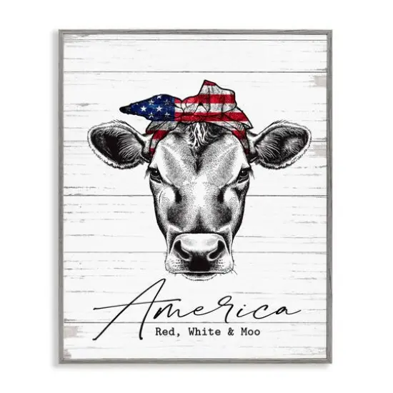 Stupell Industries Americana Cow Red White and Moo Country Farm Quote Framed Giclee Art Gray {1}
