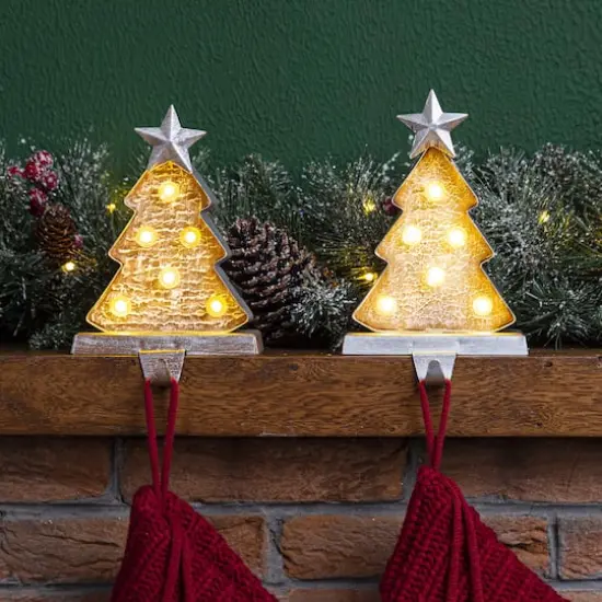 Glitzhome&reg; 8" Marquee LED Wooden & Metal Christmas Tree Stocking Holder Set {3}