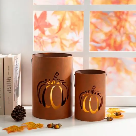 Glitzhome&reg; Metal Cutout Pumpkin Bucket Set {10}