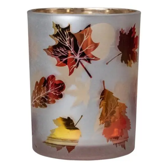 5" Matte White & Gold Autumn Leaves Flameless Glass Candle Holder {1}