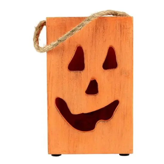 8" Large Orange Wood Jack-O-Lantern Halloween Candle Lantern {1}