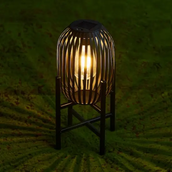 Glitzhome® 14.25" Black Slim Metal Stripes Solar Powered Edison Bulb Outdoor Lantern {5}