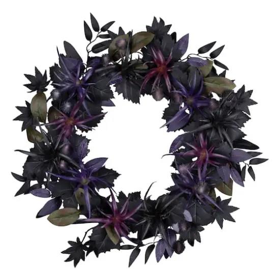 24" Scare in the Air Purple & Black Flower Halloween Pre-Lit LED Wreath {6}