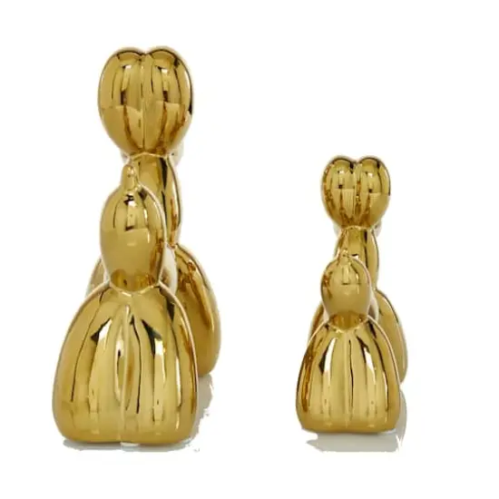 Set of 2 Gold Porcelain Contemporary Dog Sculpture, 7", 9" {6}