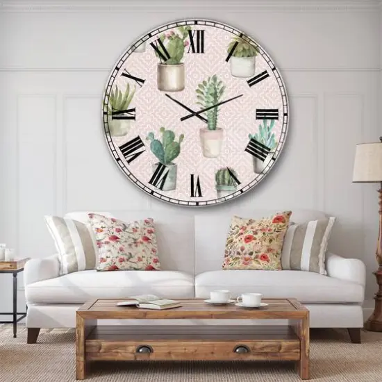 Designart 'Potted Cactus On Pink Geometrical Pattern Traditional Wall Clock {3}