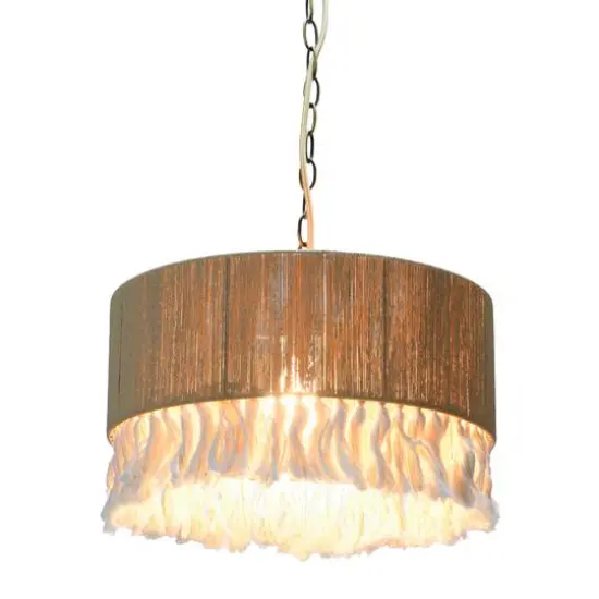 Hello Honey® 16" Brown Coastal Pendant Lamp with Natural Paper Rope Shade, Fringe Detail and Iron Base {8}