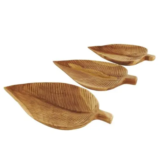 Brown Teak Wood Leaf Handmade Carved Texture Tray Set {7}