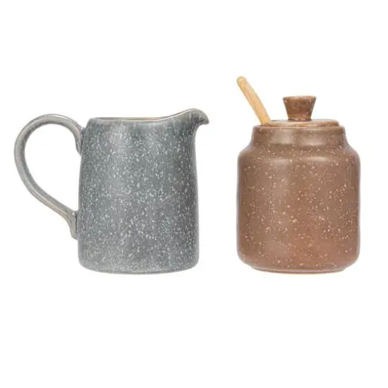 Hello Honey® Gray & Brown Stoneware Creamer & Sugar Pot Set with Bamboo Spoon {13}