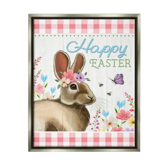 Stupell Industries Happy Easter Floral Gingham Rabbit Floater Framed Art Gray {1}