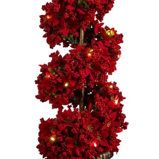 3ft. Pre-Lit Artificial Christmas Poinsettias and Berries Spiral Topiary Tree with 30 Warm White LED Lights {5}
