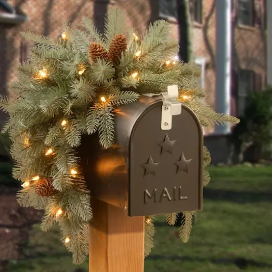 3ft. Feel Real&reg; Frosted Arctic Spruce with Pinecone Mailbox Swag, Warm White LED Lights {3}