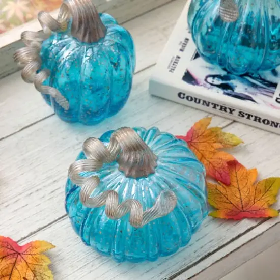 Glitzhome&reg; Blue Glass Pumpkin Set {13}