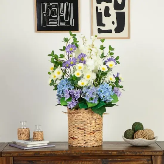 2.5ft. Artificial Mixed Flower & Hydrangea Arrangement in Hyacinth Weave Basket {3}