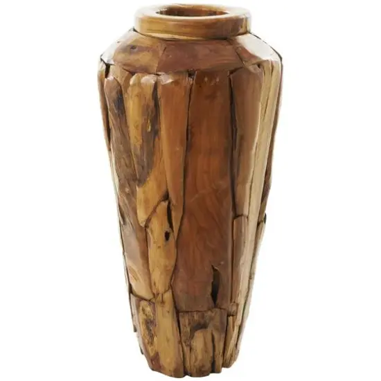 Brown Teak Wood Handmade Tall Floor Vase with Mosaic Live Edge {1}
