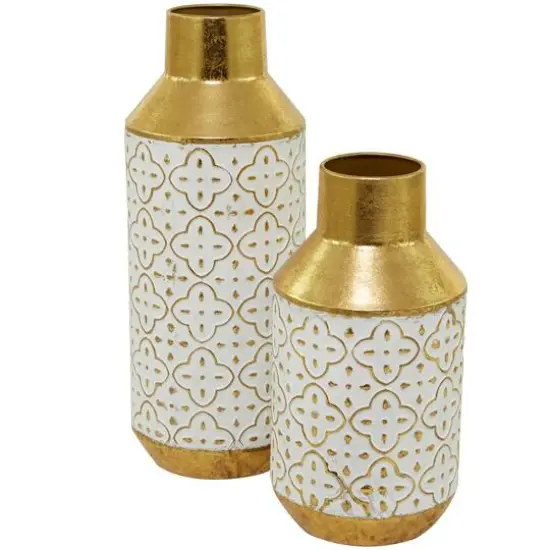 Gold Metal Handmade Embossed Quatrefoil Vase with Gold Detailing Set of 2 16", 12" {3}