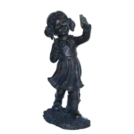 18" Distressed Black & Bronze Girl with Cell Phone Solar Powered LED Outdoor Garden Statue {1}