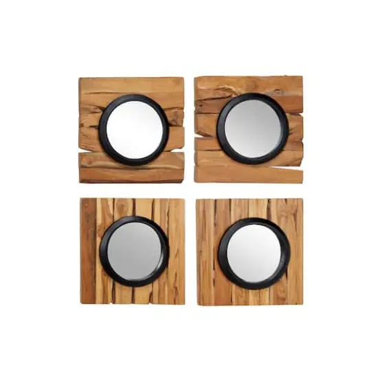 Set of 4 Brown Teak Wood Rustic Floral Wall Mirror, 18" x 18" {1}