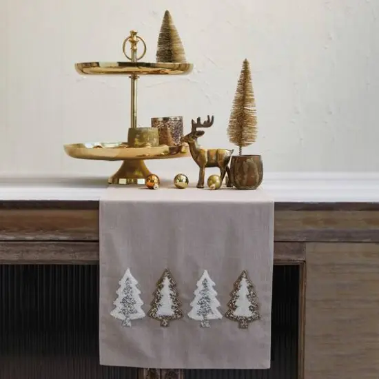Hello Honey® 72" Natural Brown, Silver & Gold Cotton Chambray Table Runner with Embroidered Tufted Trees & Glass Beads {3}