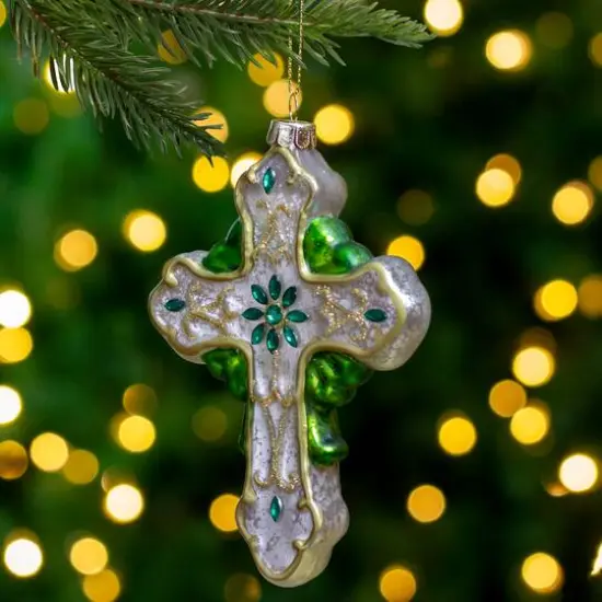5" Luck of the Irish Green & White Mercury Glass Cross Christmas Ornament {3}