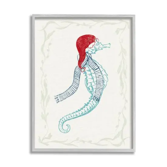 Stupell Industries Coastal Christmas Seahorse Santa Framed Giclee Art Gray {1}