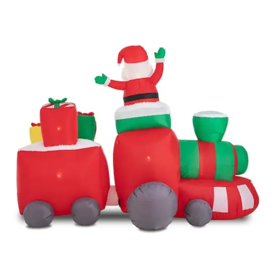 Glitzhome® 8ft. Lighted Inflatable Santa On Pick-Up Train Décor {9}