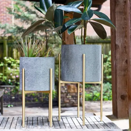 Hello Honey® Charcoal Grey & Gold Boho Embossed Metal Planters with Stands Set {4}