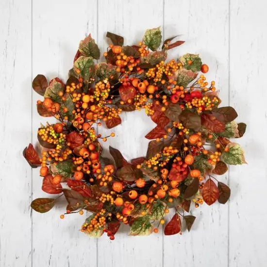 24" Orange & Green Berry & Pumpkin Fall Harvest Wreath {5}