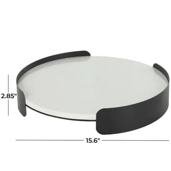 15.75" White Marble Round Living Room D&eacute;cor Tray with Black Metal Frame {8}