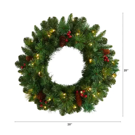 20" White LED Lights Frosted Pine Artificial Christmas Wreath With Pinecones & Berries {3}