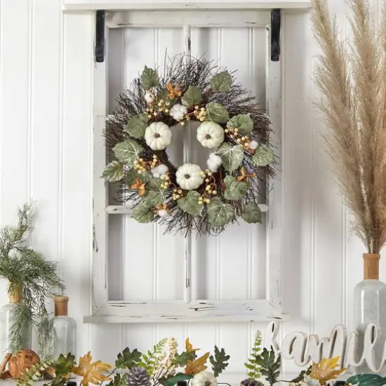 22" Autumn Green Pumpkin, Cotton & Berries Fall Wreath {3}